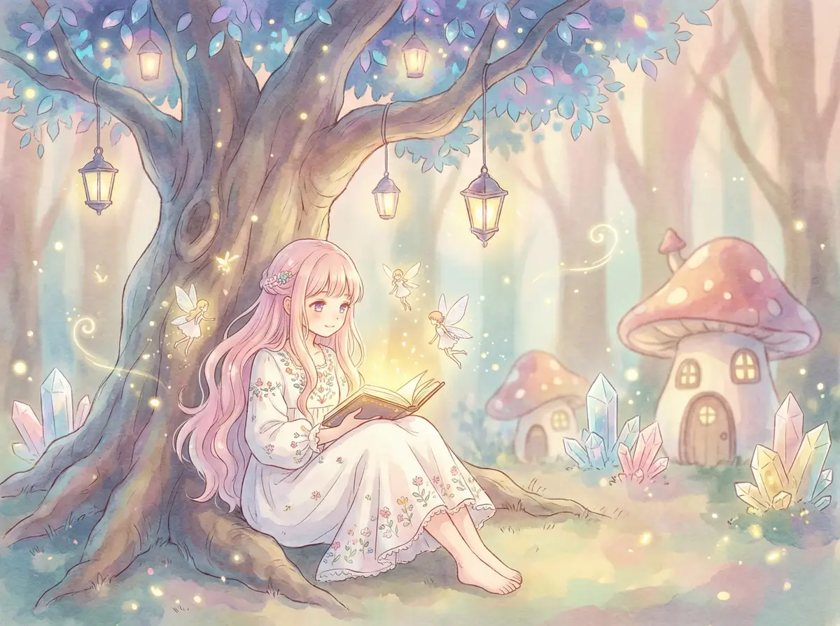 翁熄愉情第一篇 - 魔法森林中阅读故事书的粉发少女与精灵